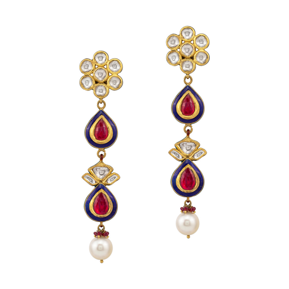 Floral Red Polki Earrings with Blue Enamel and Pearl Drop